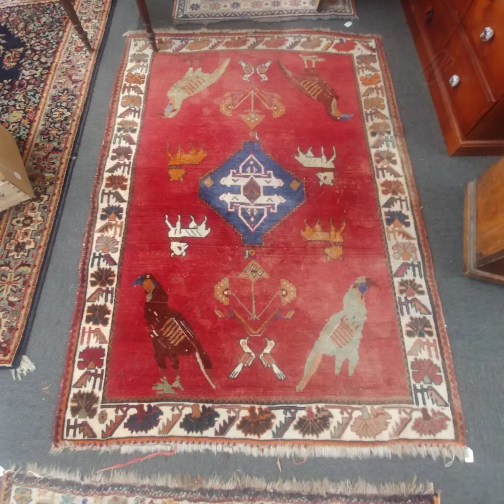 PERSIAN HAND KNOTTED RUG w BIRD/ANIMALS 170X 120cm Image 1++