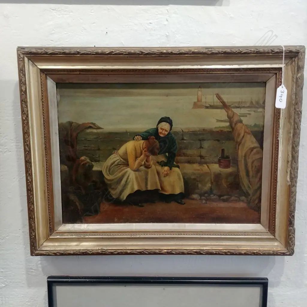 19TH C. OIL LANDSCAPE W GRIEVING FIGURES Image 1++