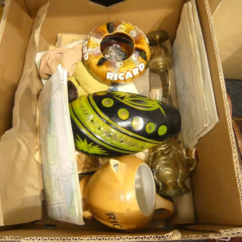 BOX LOT MAPS, BLACK BOHEMIA CRYSTAL VASE, BRONZES ETC Image 1++