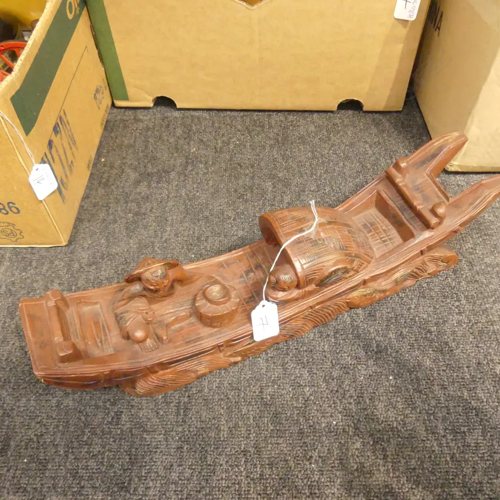 CHINESE HAND CARVED FISHING BOAT L420 MM Image 1++