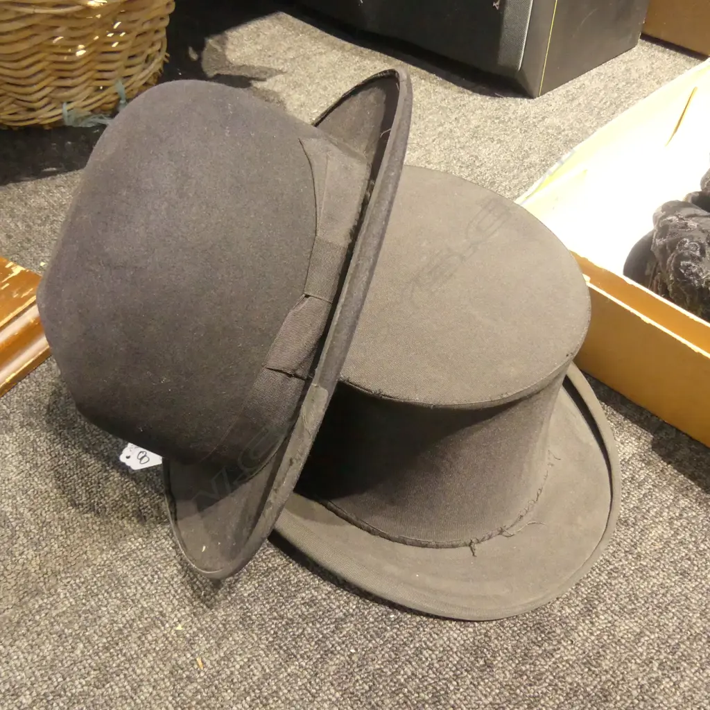 BOWLER HAT + COLLAPSIBLE TOP HAT BY C.A DUNN LONDON C 1900 Image 1++