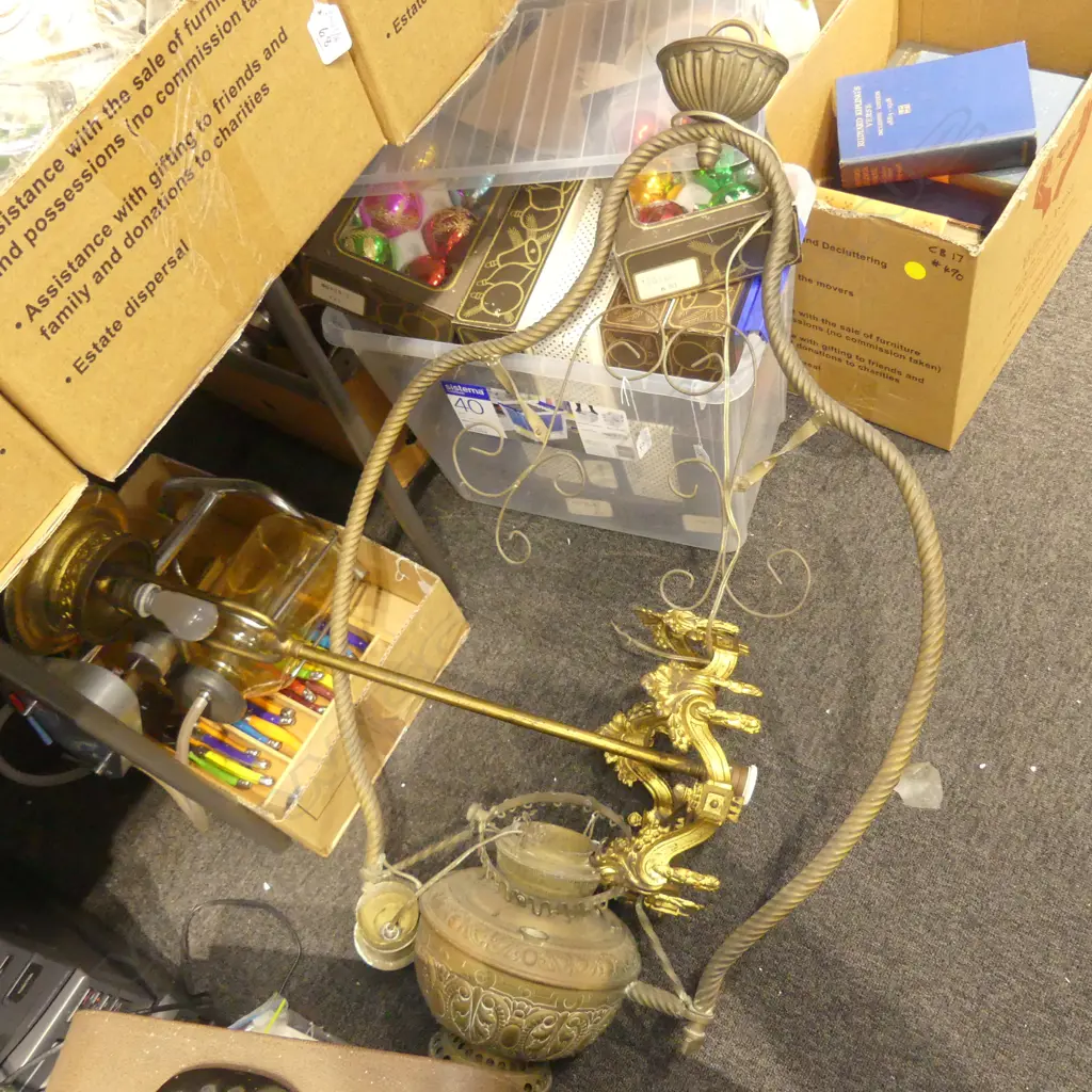 2 LARGE HANGING KEROSENE PENDANT LAMPS, ONE ELECTRIFIED 1050MM H Image 1++