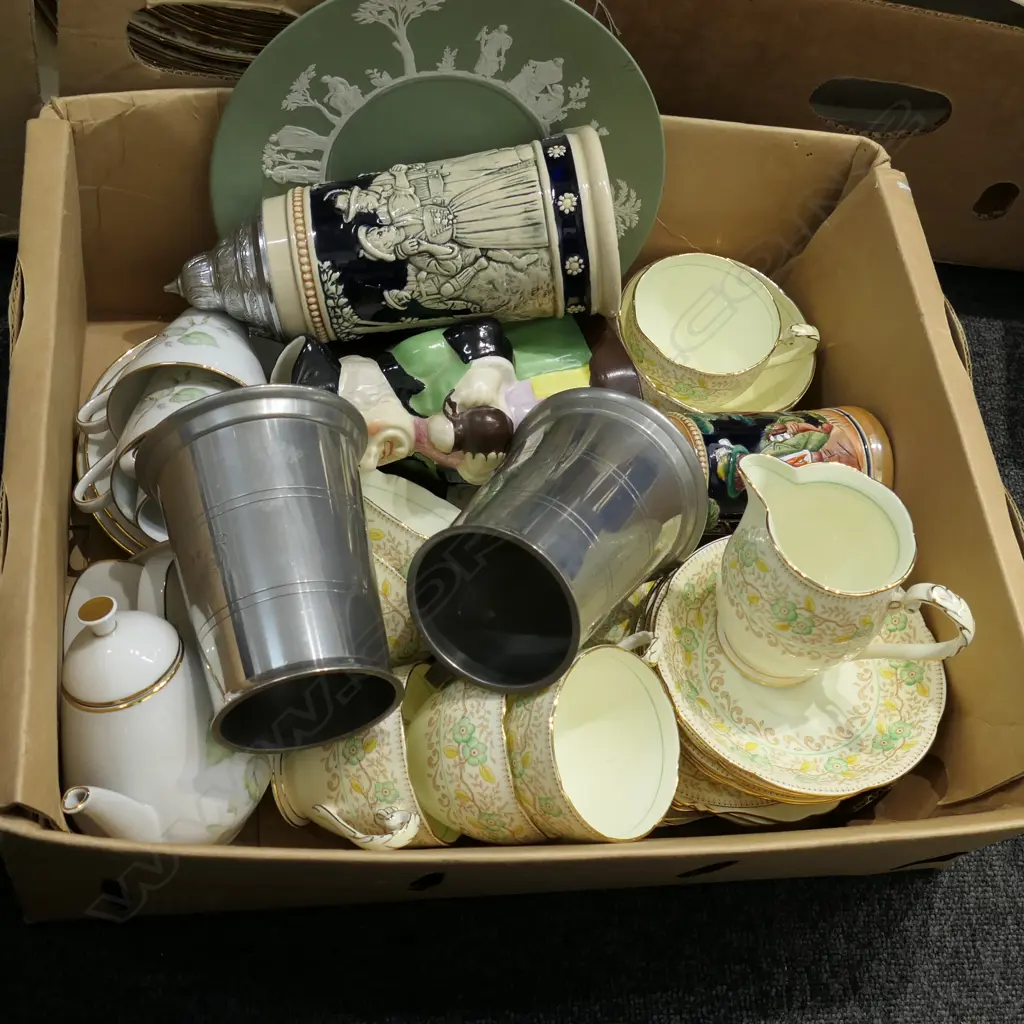 BOX LOT GRAFTON TEA SET, TOBY, BEER MUGS ETC Image 1++