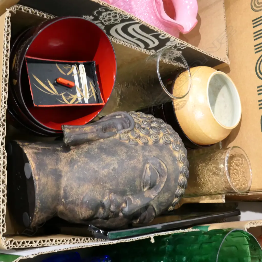 BOX LOT 6 ORIENTAL LACQUER BOWLS, BUDDHA HEAD, MAORI GLASSES ETC Image 1++