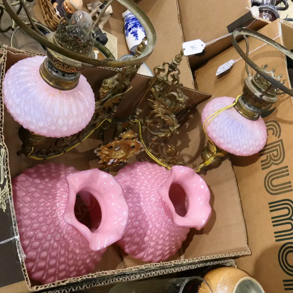 BOX LOT ANTIQUE ELECTRIFIED PINK KEROSENE WALL SCONCE Image 1++