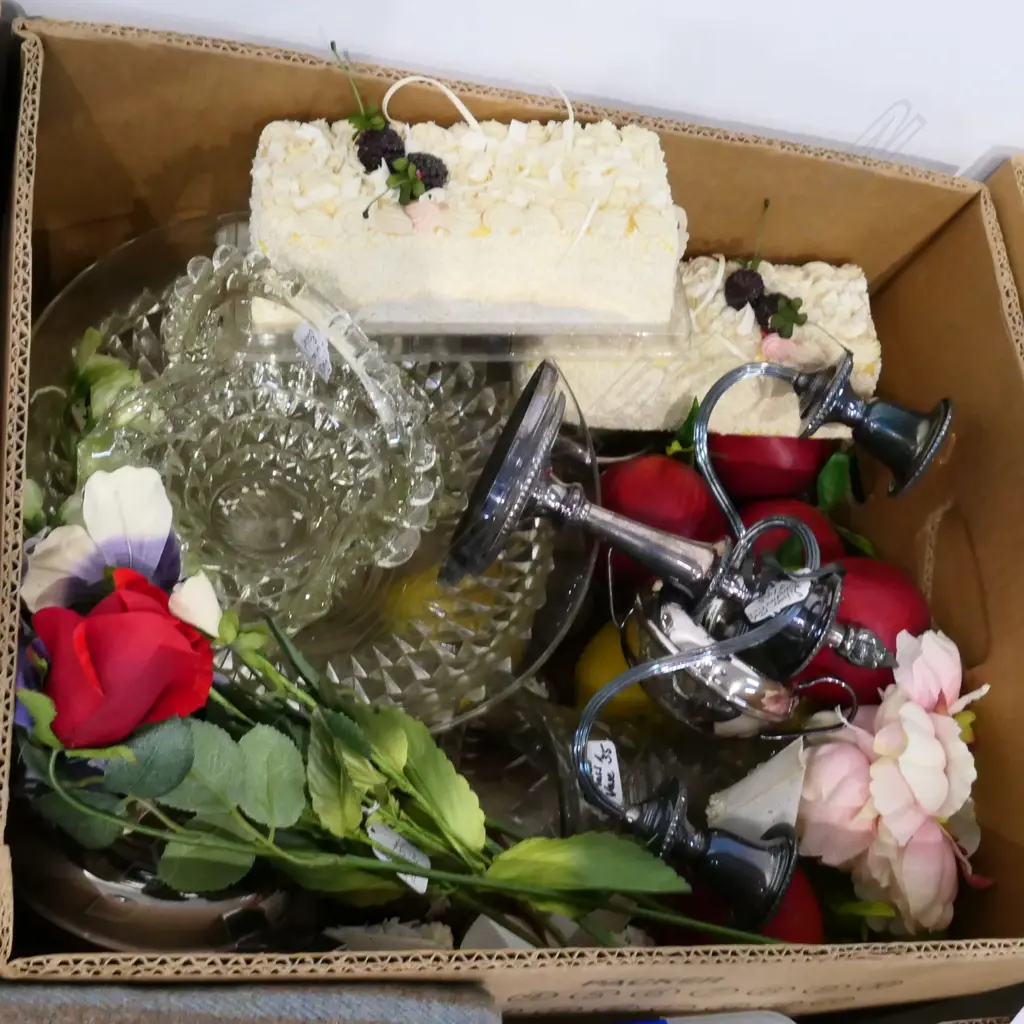 BOX LOT FAUX CAKES, EPNS, FLOWERS ETC Image 1++