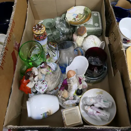 BOX LOT WEDGWOOD, DRESDEN-STYLE FIGURES ETC