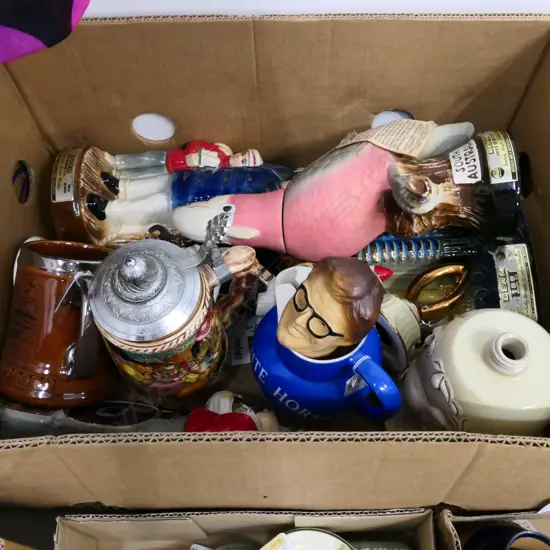 BOX LOT JIM BEAN BOTTLES, GALLIANO OFFICER ETC