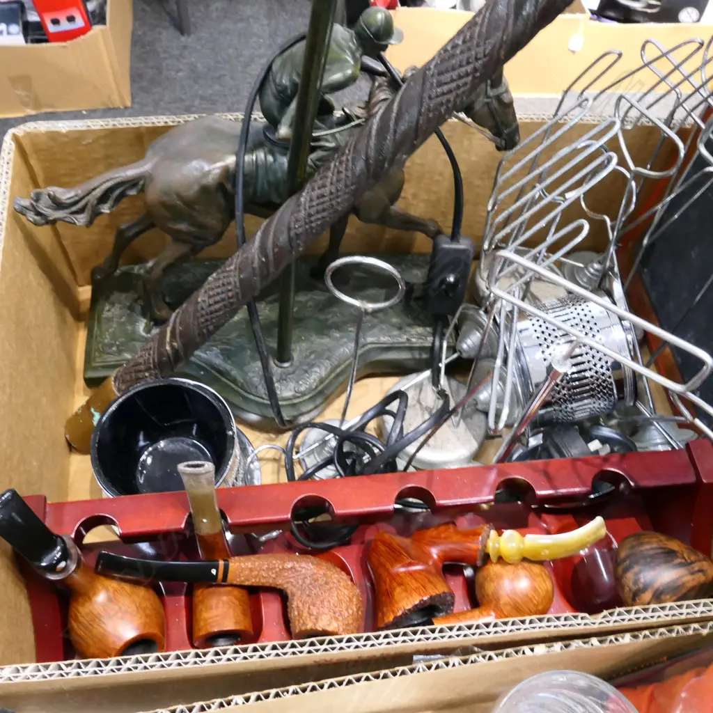 BOX LOT TABACCO PIPES, RACING HORSE LAMP RESIN, WALKING STICK, BILL OF FARE BLACKBOARD Image 1++