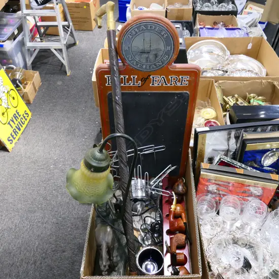 BOX LOT TABACCO PIPES, RACING HORSE LAMP RESIN, WALKING STICK, BILL OF FARE BLACKBOARD