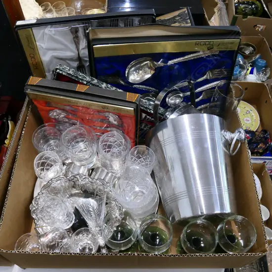 BOX LOT RODD SILVERWARE, CHAMPAGNE BUCKET, EP ETC