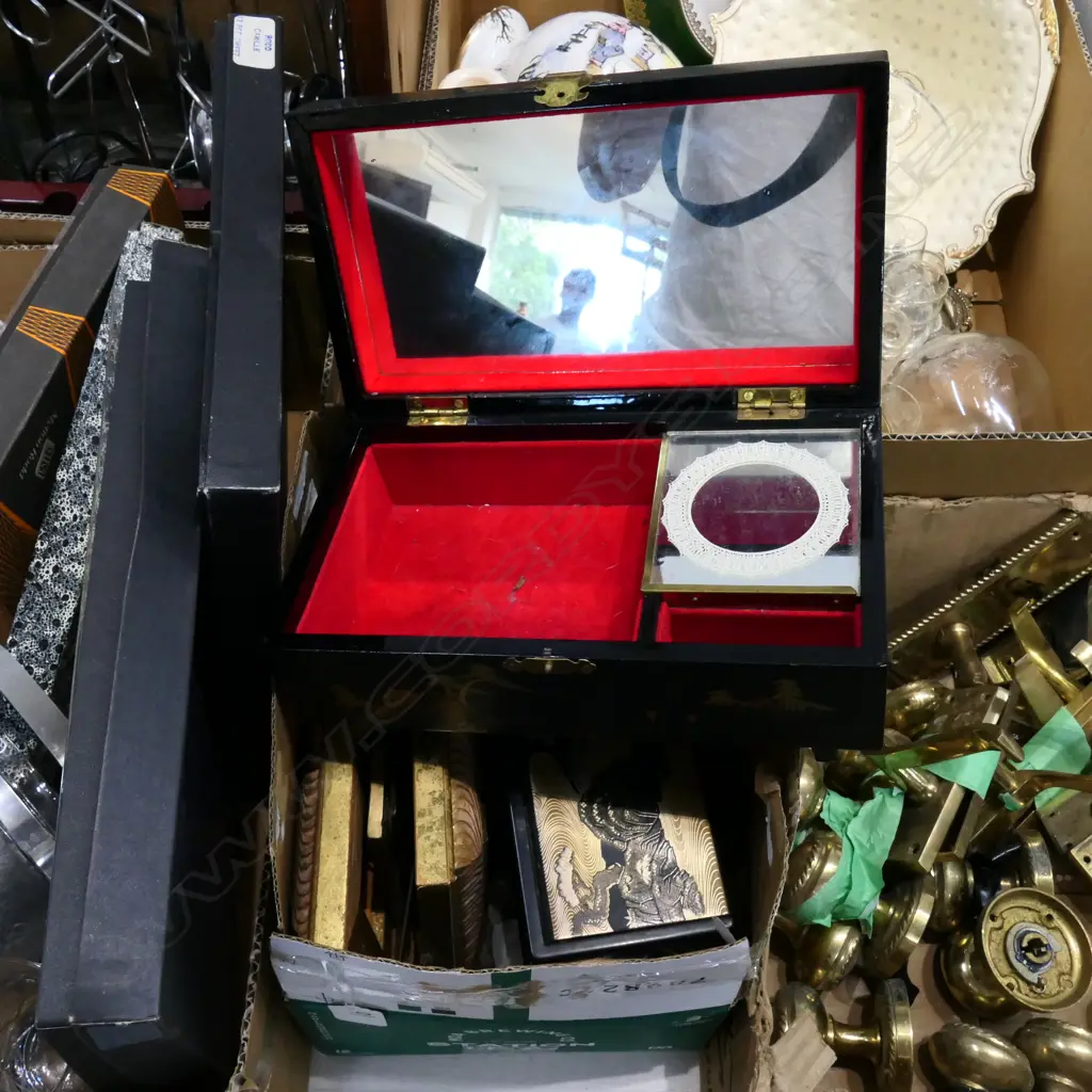BOX LOT ASST. GLASSES, FRAMES. LACQUER MUSIC BOXES ETC Image 1++