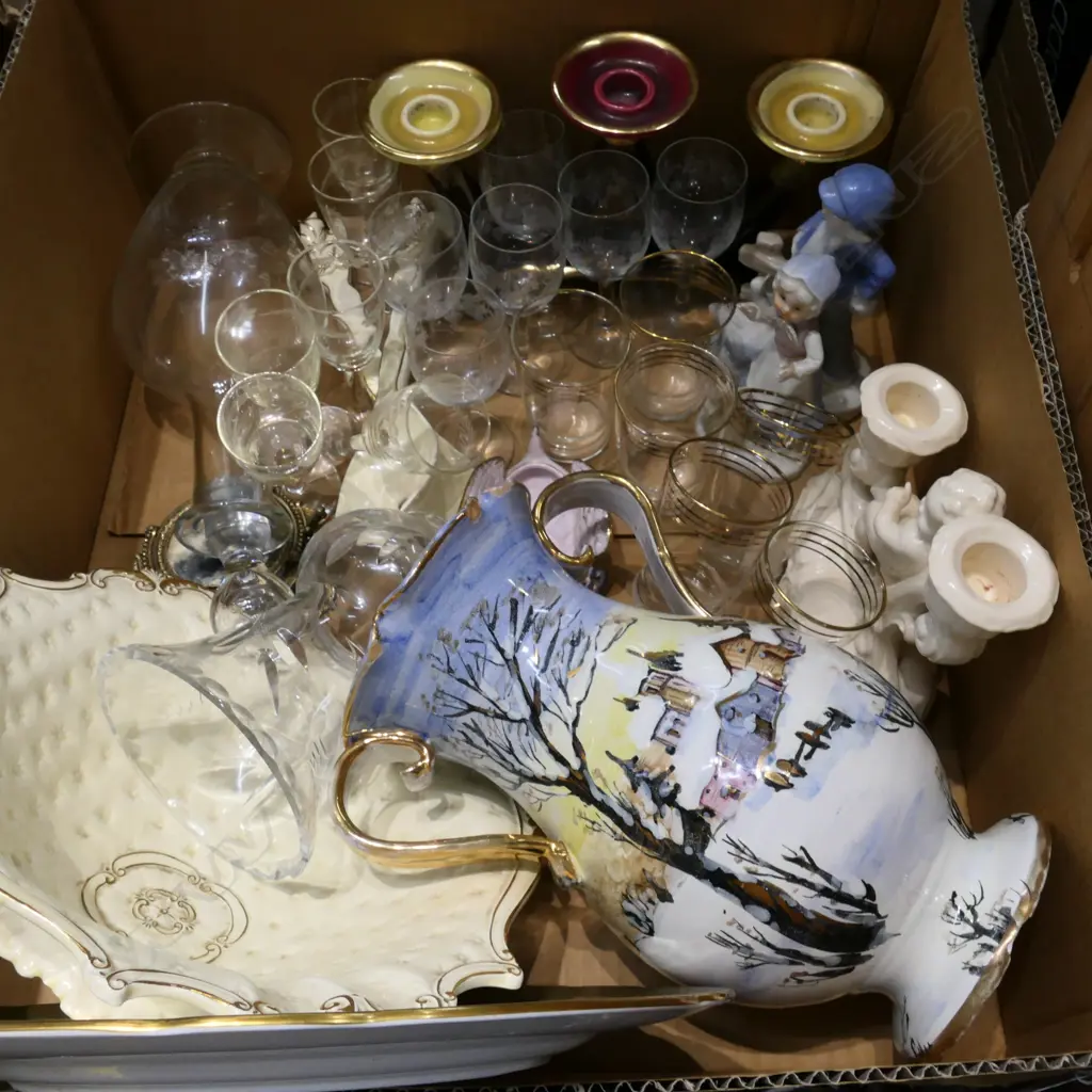 BOX LOT ASST. GLASS, CHINA INCL. DECANTER Image 1++