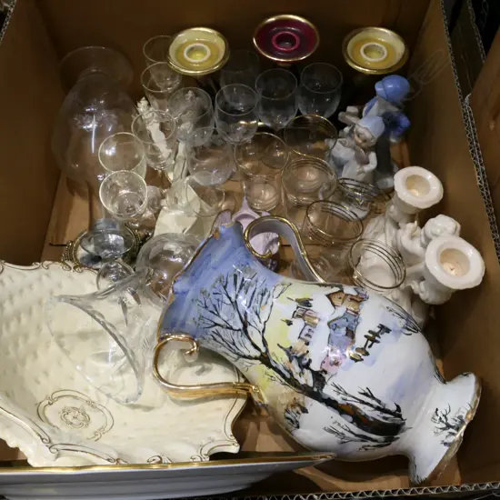 BOX LOT ASST. GLASS, CHINA INCL. DECANTER
