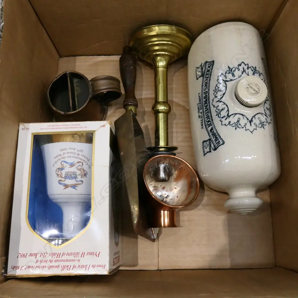 BOX LOT VICTORIAN FOOTWARMER, WHISKEY BELL, BRASS / BRONZE ITEMS ETC Image 1++