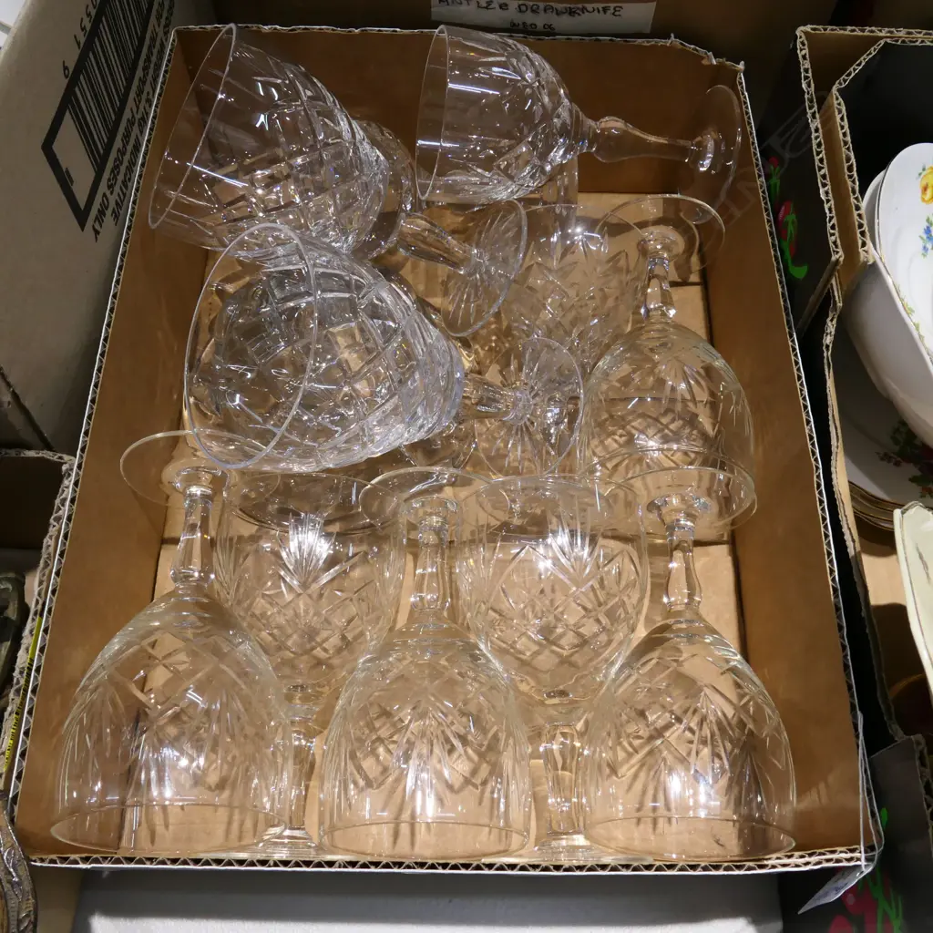 BOX LOT ASST. CRYSTAL WINE GLASSES Image 1++