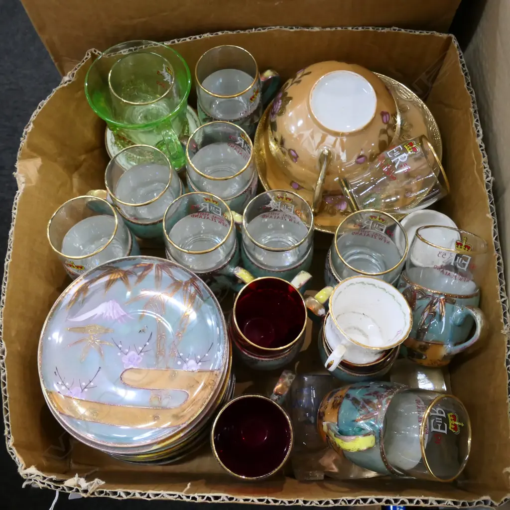 BOX LOT ASST. E.R. 1953 ROYAL VISIT GLASSES, JAPANESE CUP & SAUCER ETC Image 1++