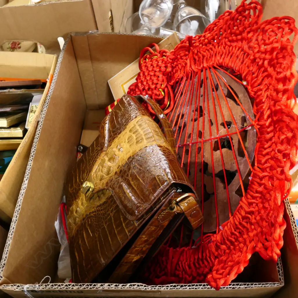 BOX OF ASSORTED ITEMS INCL CROCODILE SKIN BAG ETC Image 1++