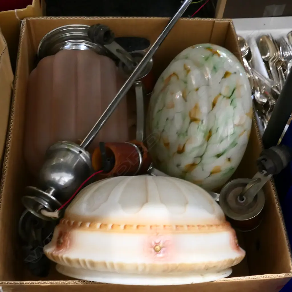 BOX LOT ART DECO 3 ARMED CHANDELIER, PINK PENDENT ETC Image 1++