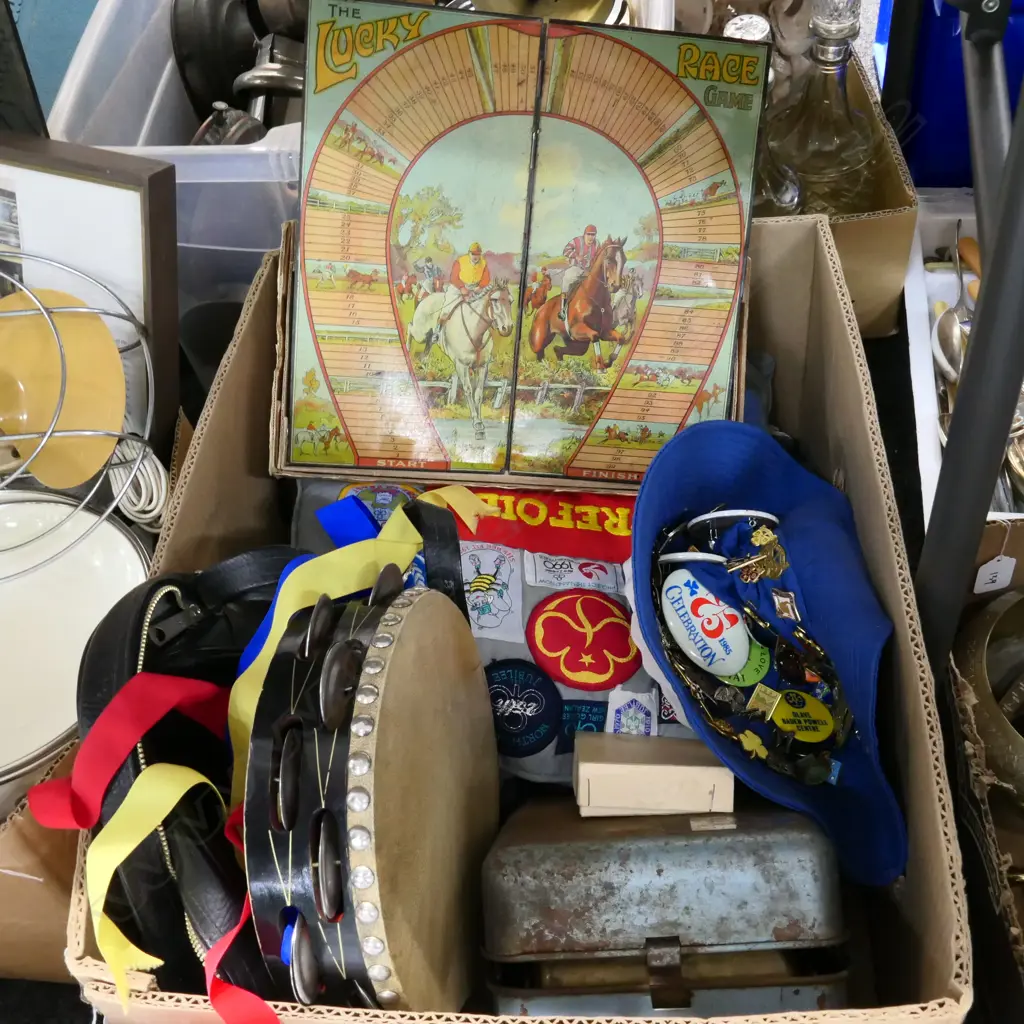 BOX LOT GIRL GUIDE BADGES, PATCHWORK BLANKET, TAMBERINE, RACING HORSE GAME ETC Image 1++