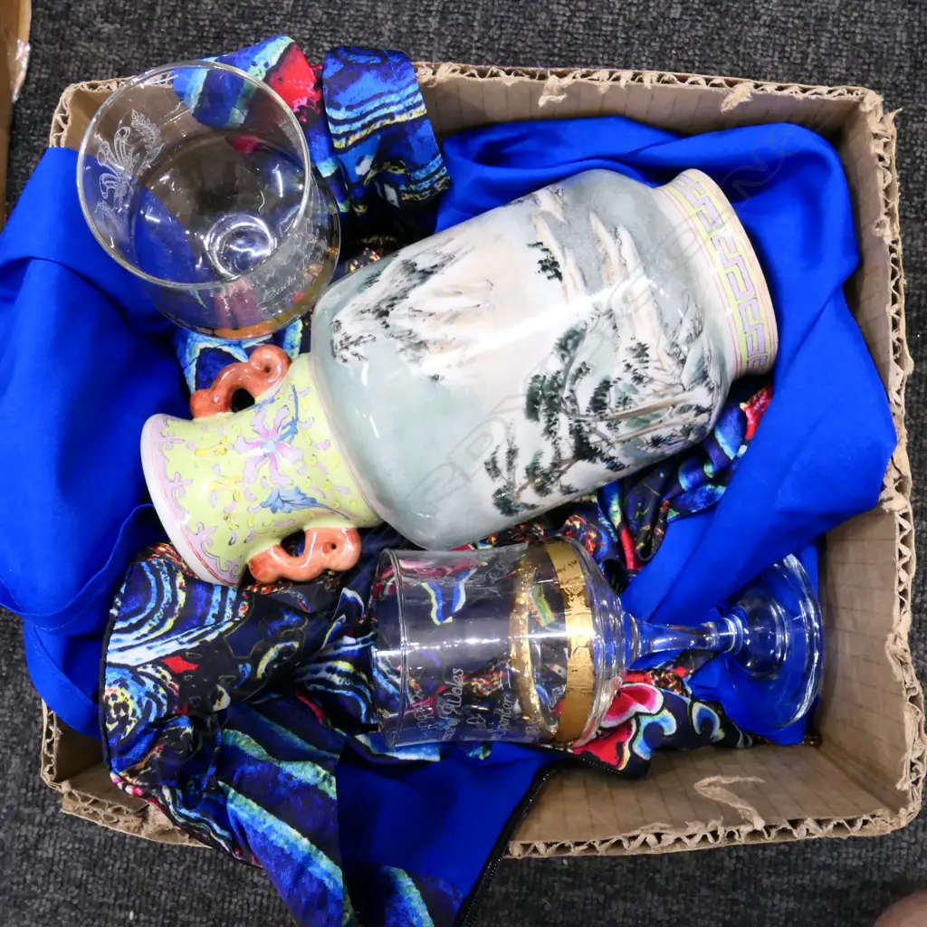 BOX LOT CHINESE HAND PAINTED VASE, ROBE, PR ROYAL WEDDING GLASSES Image 1++