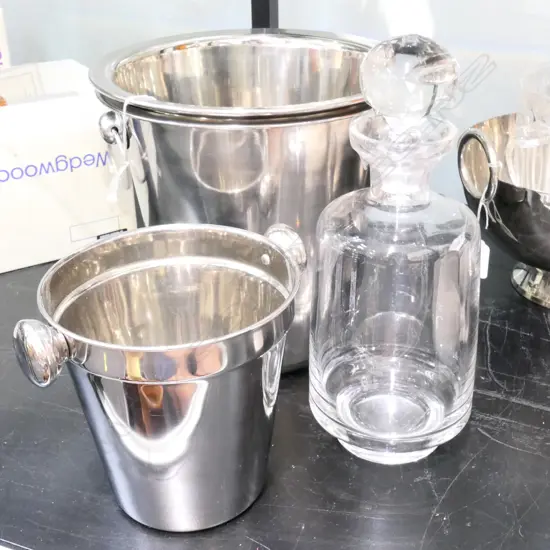 3 CHAMPAGNE BUCKETS AND DECANTER