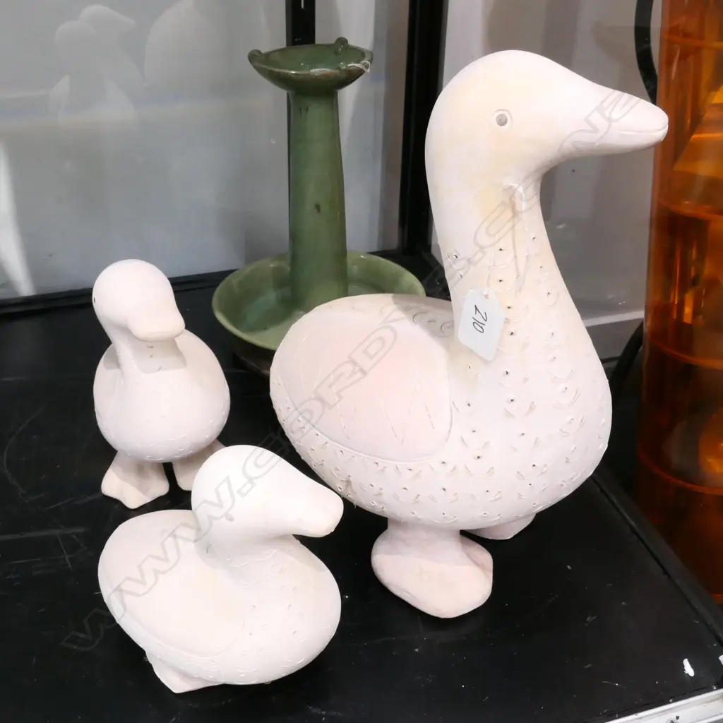 SET 3 UNGLAZED POTTERY DUCKS + GREEN TALL CANDLESTICK.. Image 1++