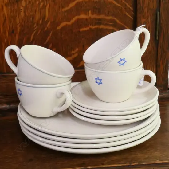 SET 4 CUPS, SAUCERS, PLATES CROWN LYNN WITH STAR OF DAVID MOTIF 