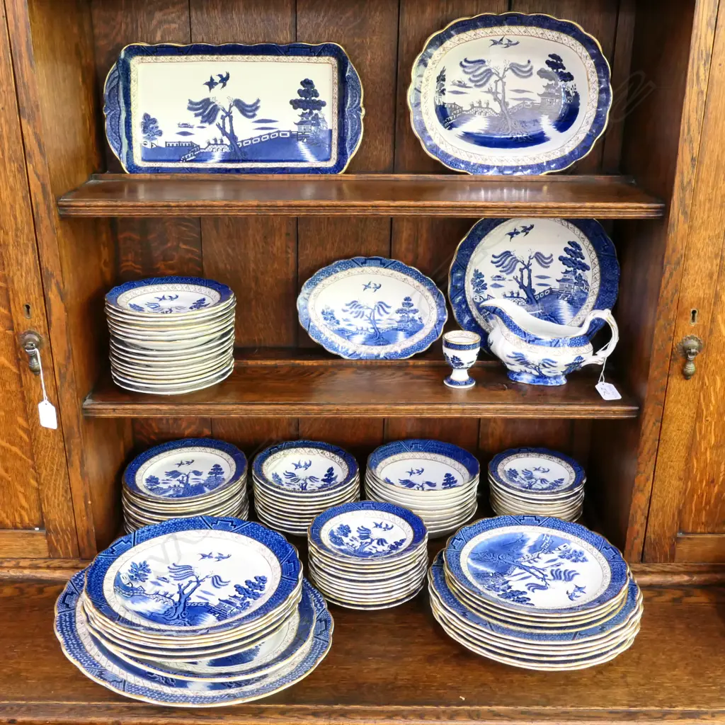 90 PCE BOOTHS OLD WILLOW; 12 LARGE PLATES, 6 MEDIUM, 16 SIDE, 17 BOWLS, 31 SAUCERS, 3 PLATTERS, 3 LARGE BOWLS, GRAVY ETC Image 1++