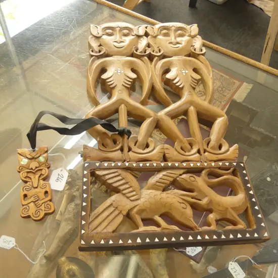 INDONESIAN CARVED PANEL + MAORI HEI TIKI