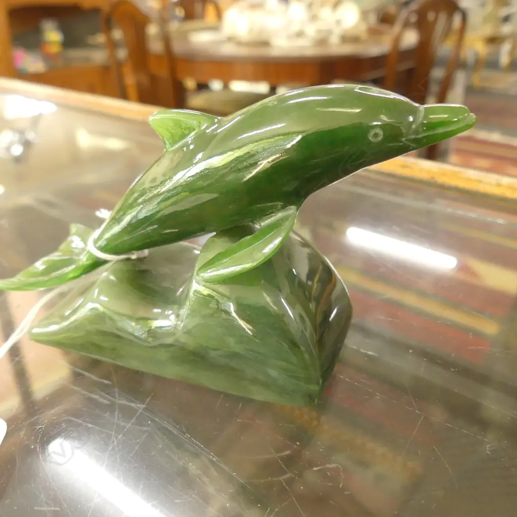 CARVED GREENSTONE DOLPHIN R CRUMP 1976 Image 1++