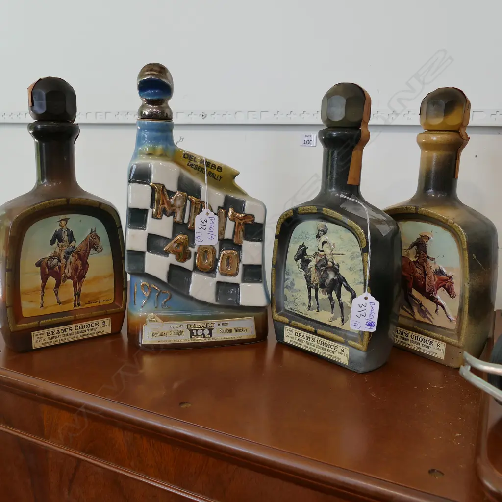 4 JIM BEAM DECANTERS, MINT 400, REMIGTONS FORCES, TALLEST H300MM Image 1++