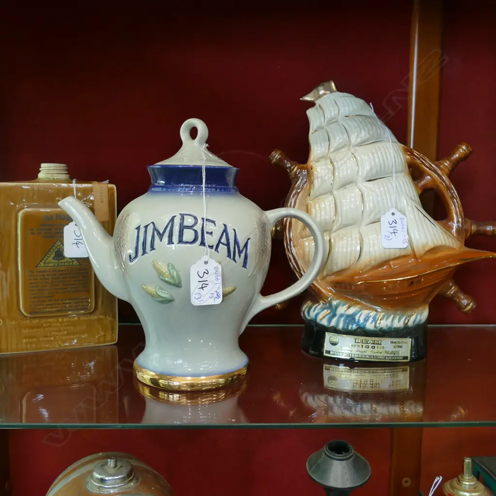 3 JIM DECANTERS TELEPHONE NO STOPPER, TEAPOT & SAILING SHIP H270MM Image 1++