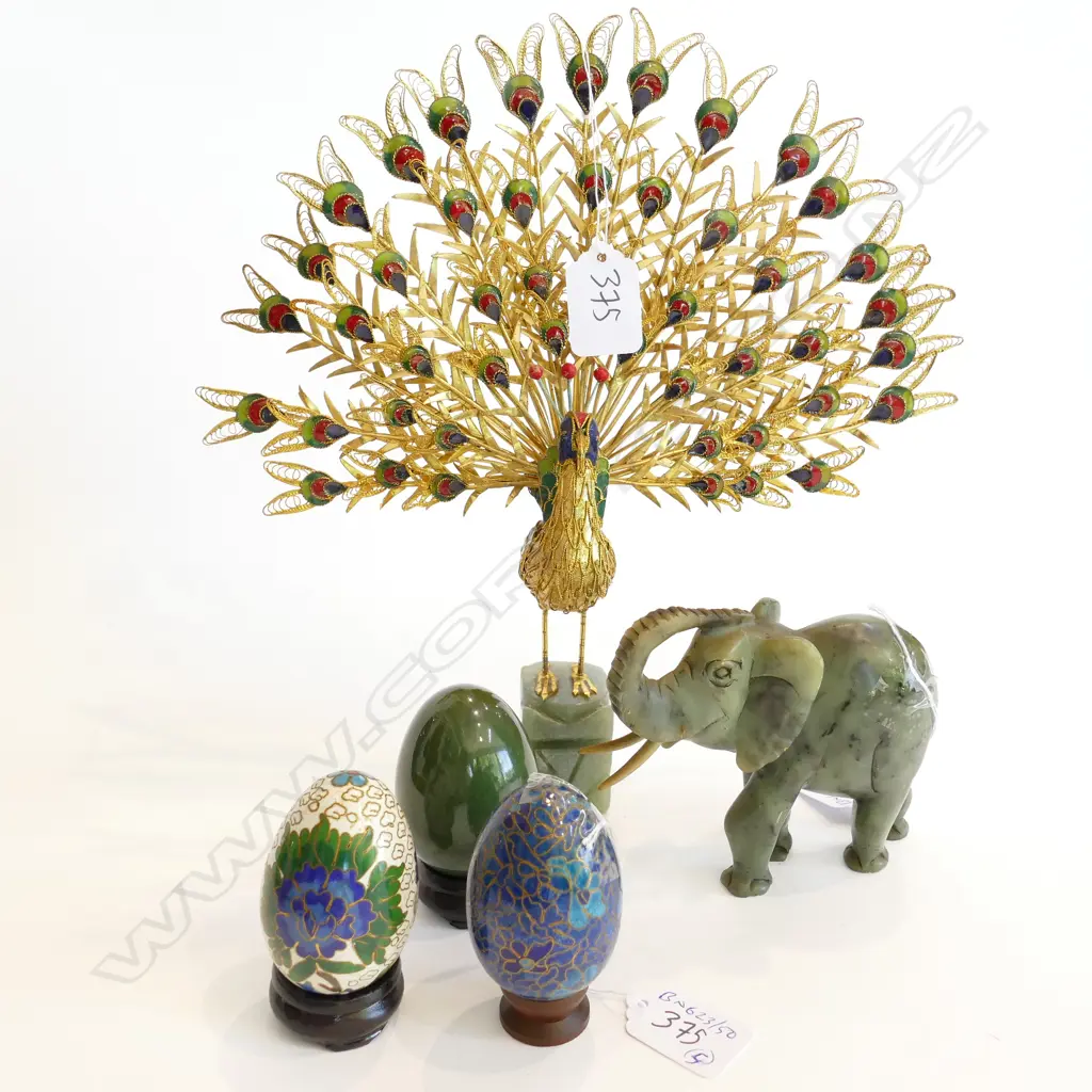 2 CLOISONNE EGGS/JADE/ ELEPHANT EGG + PEACOCK Image 1++