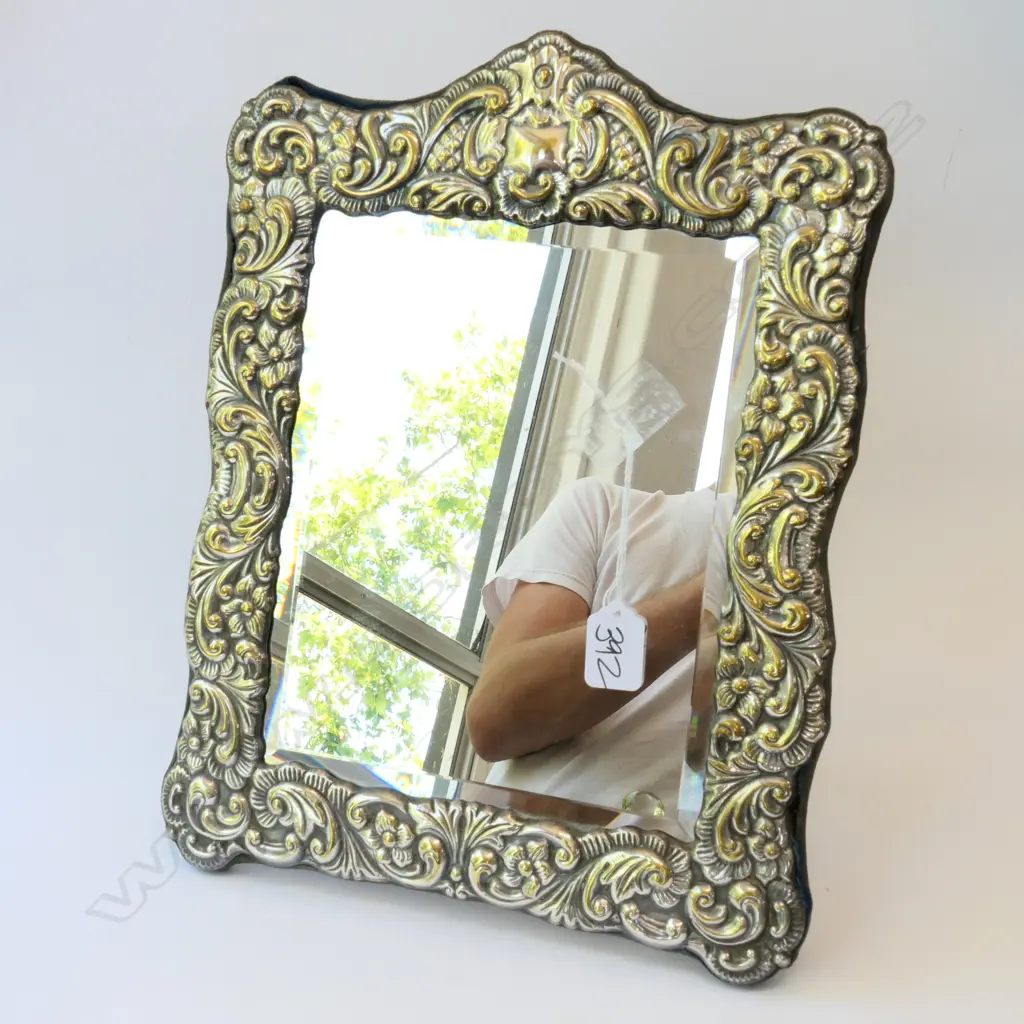 SILVER PLATE AND BEVEL GLASS MIRROR BY R C SHEFFIELD C 1900 Image 1++