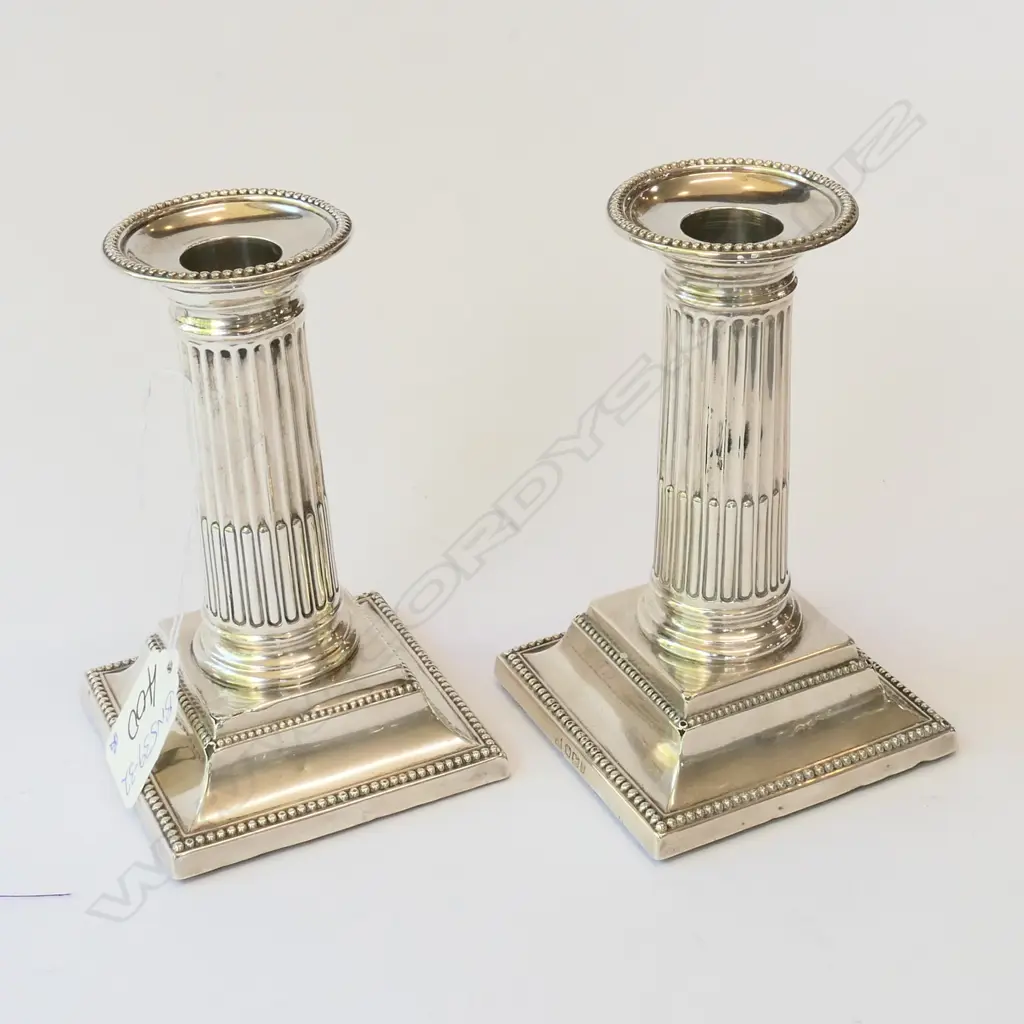 Pair silver candle stick holders square bases reeded weighted Image 1++