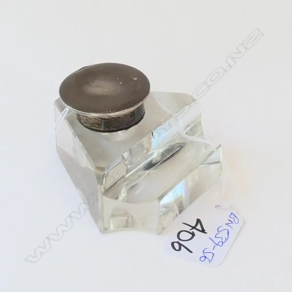 Sterling silver and glass inkwell and pen rest Birmingham marks Image 1++