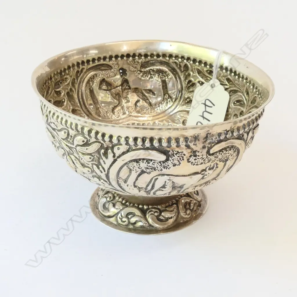 Kandy Sri Lankan  silver pedestal bowl with scene of woman milking cow and man on horse 123 grams Image 1++