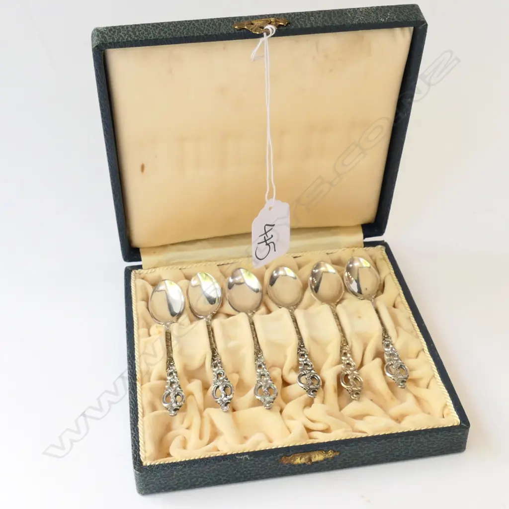 6 NORWEIGIAN STG SILVER TEASPOONS, CASED 45 GRAMS Image 1++