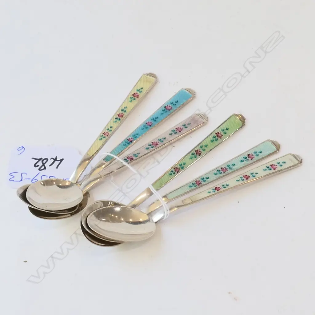 Six sterling silver spoons Germany with guilloche enamel decorated handles 64 gram Image 1++