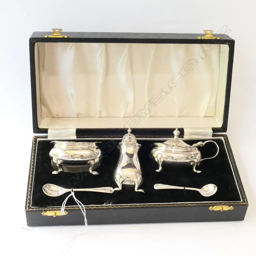 STG SILVER 5 PC CRUET SET IN BOX BIRMINGHAM 1915 Image 1++