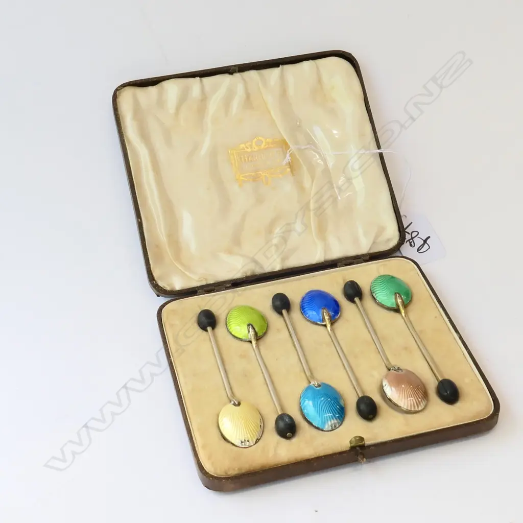 6 ENAMEL COFFEE BEAN TEASPOONS CASED Image 1++