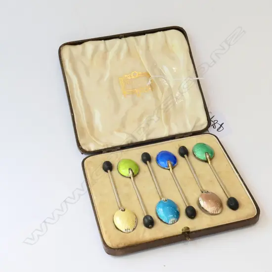 6 ENAMEL COFFEE BEAN TEASPOONS CASED