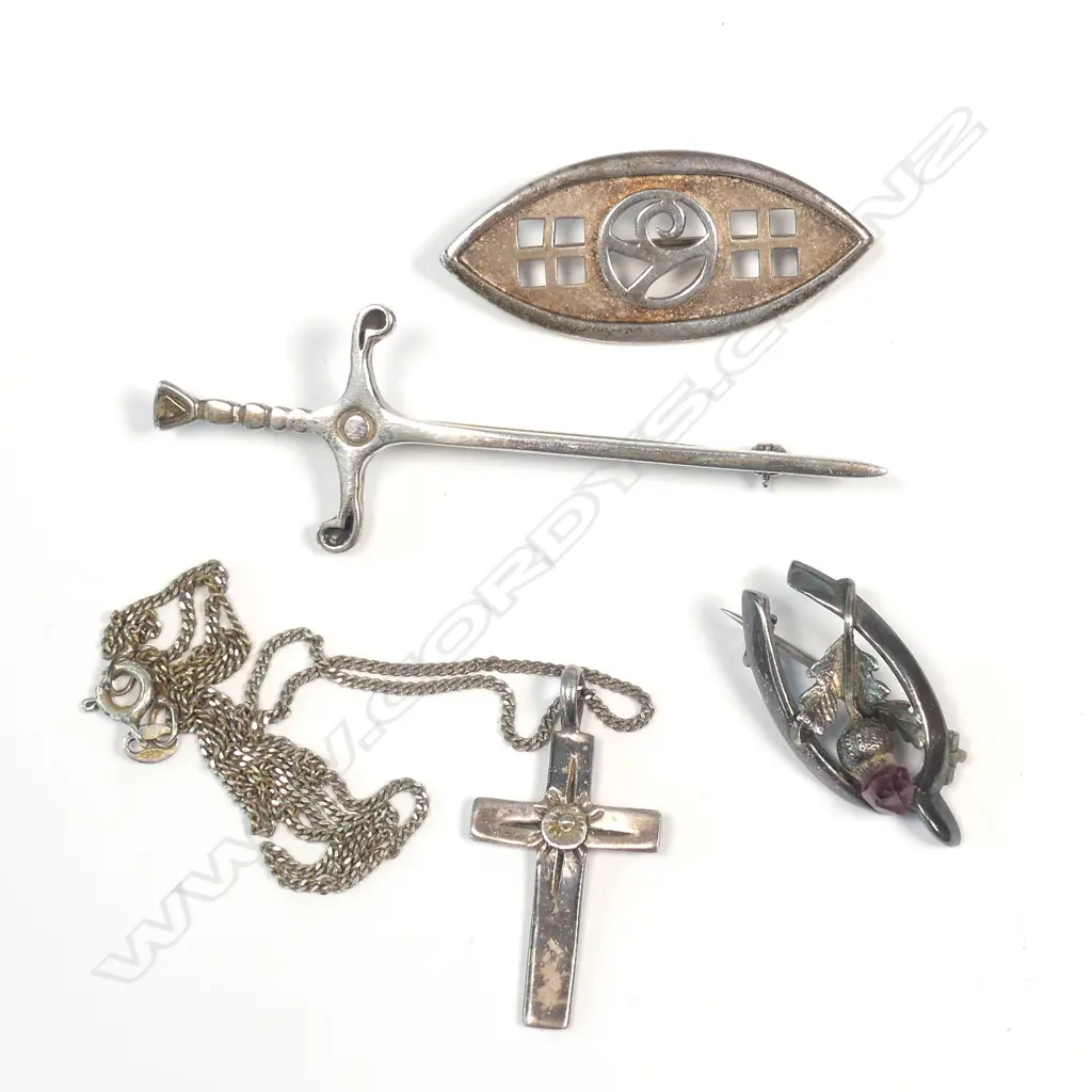 4 SILVER BROOCHES ETC SWORD Image 1++