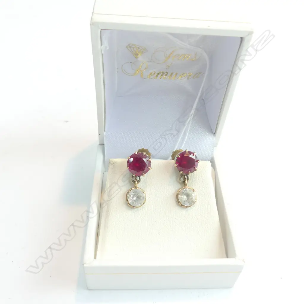 PAIR 9CT GOLD FAUX RUBY & DIAMOND EARRINGS Image 1++
