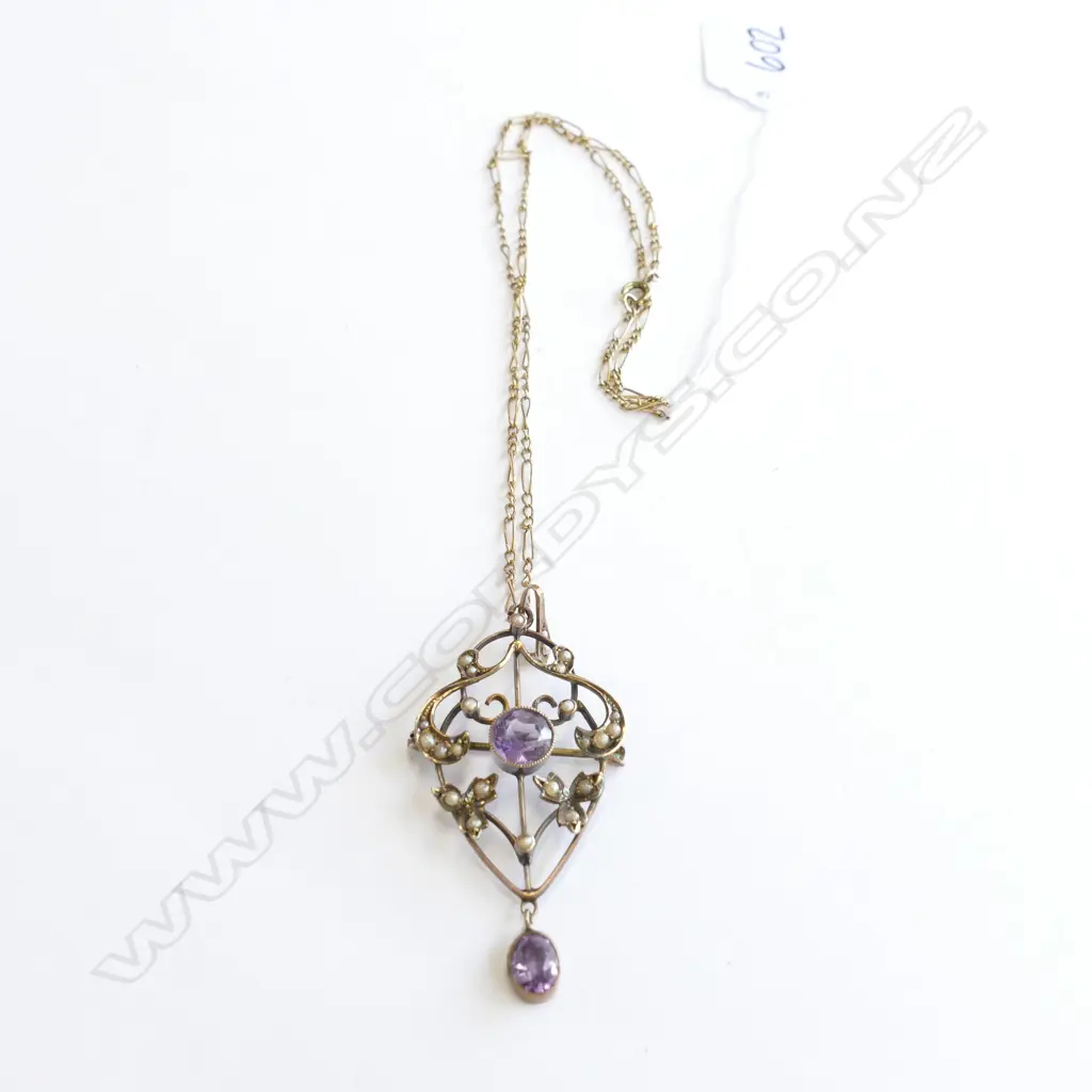 EDW 9ct AMETHYST PEARL PENDANT ON CHAIN Image 1++