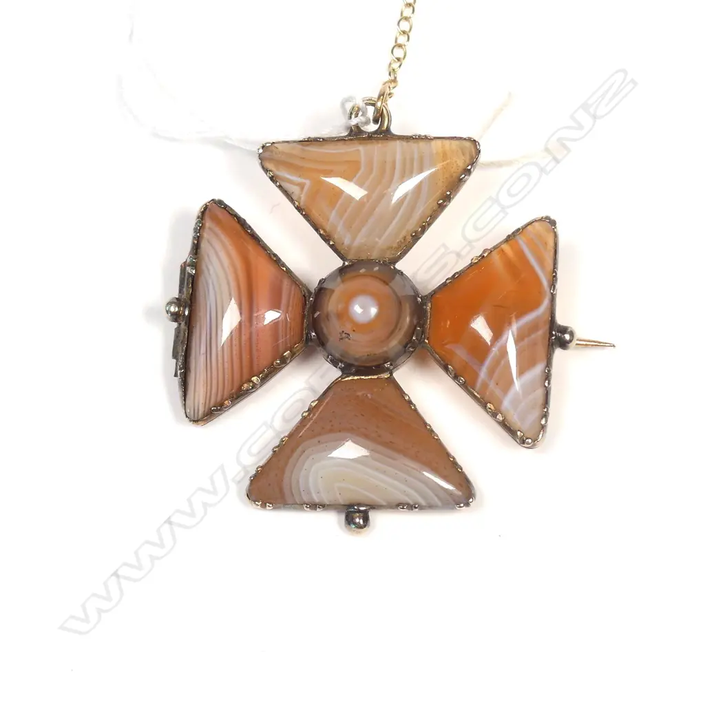 SILVER GILT BANDED AGATE MALTESE STYLE MORNING BROOCH Image 1++