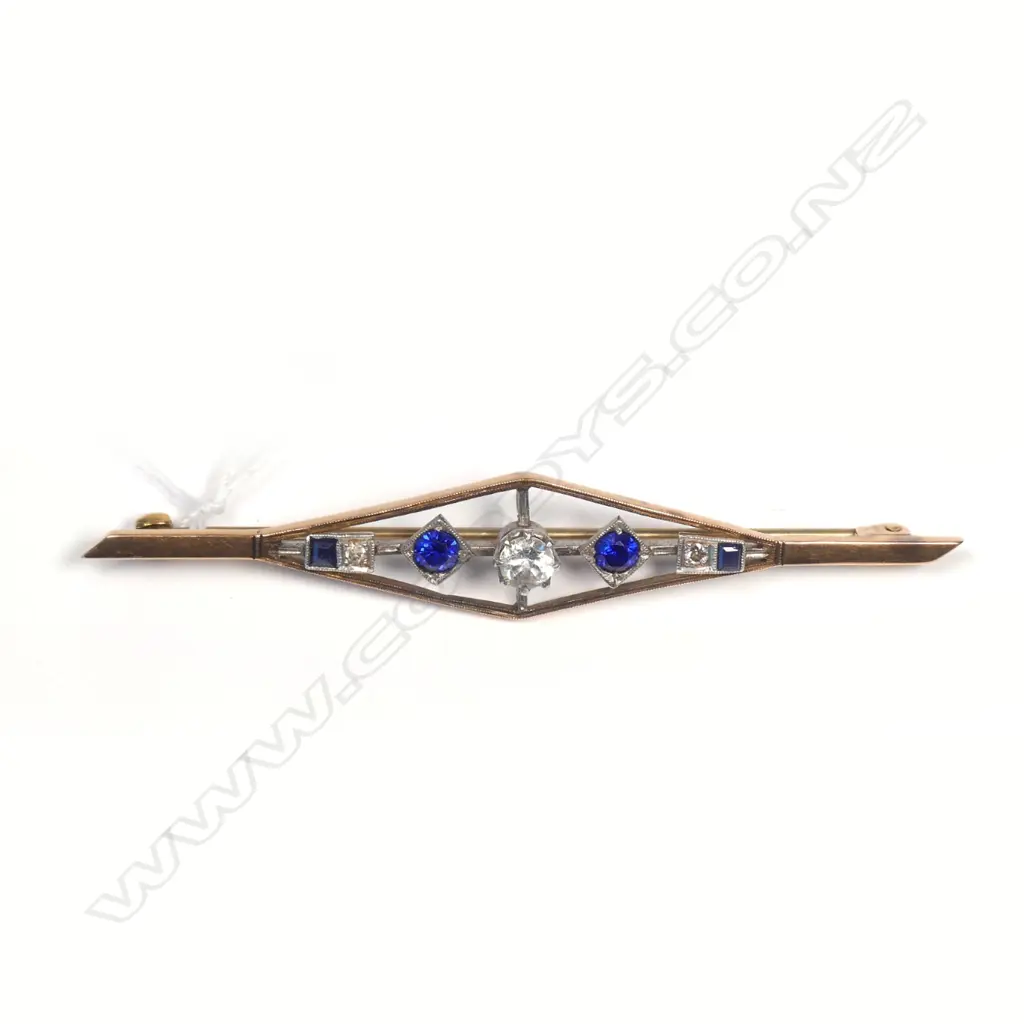 9ct ART DECO SAPPHIRE BROOCH & DIAMOND BROOCH. 6 GRMS SET Image 1++