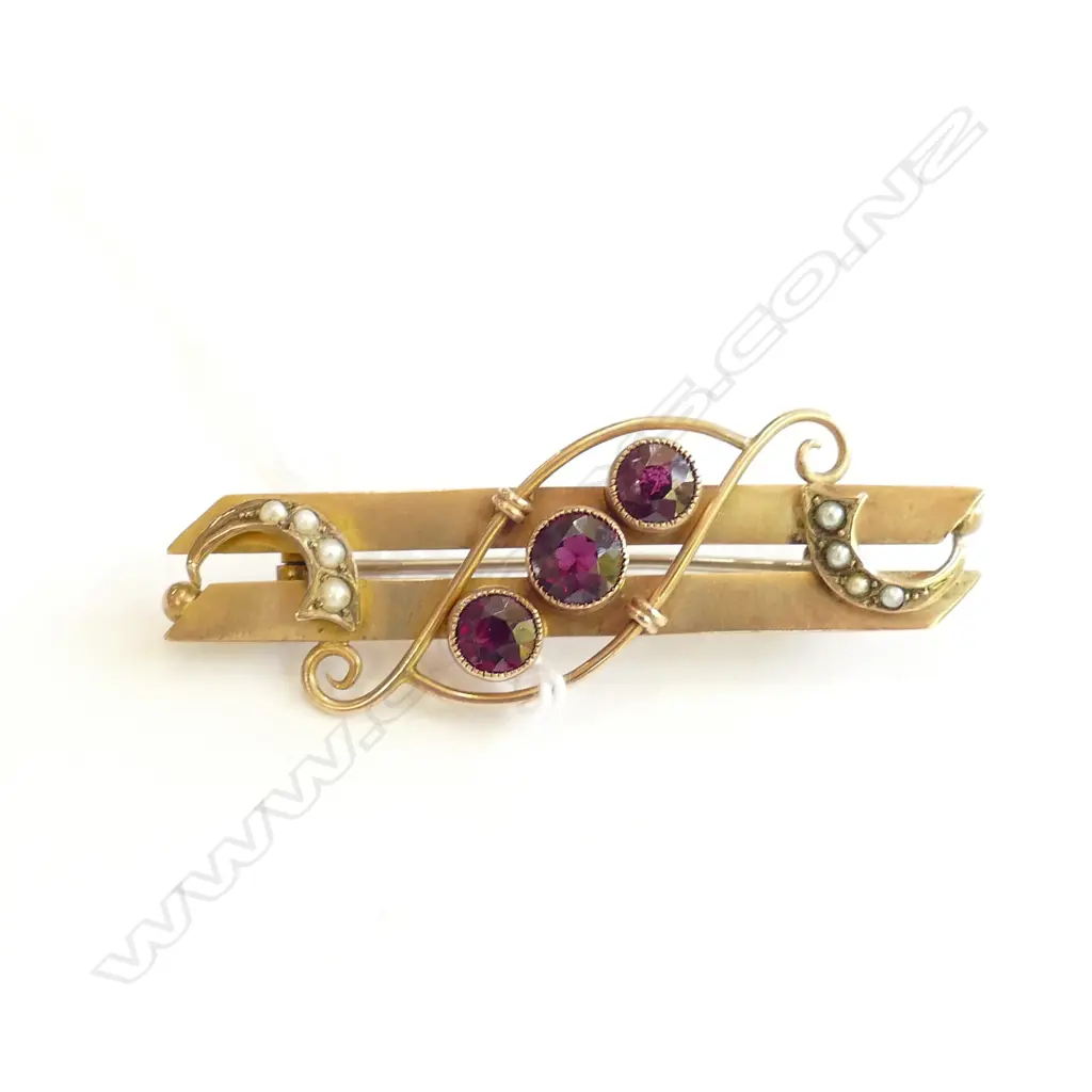 EDWARDIAN 9CT GOLD PEARL AND GARNET BROOCH 4.29gm Image 1++