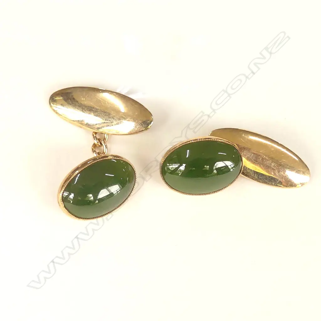 9CT GOLD GREENSTONE CUFF LINKS, 5.4 GM TOTAL Image 1++